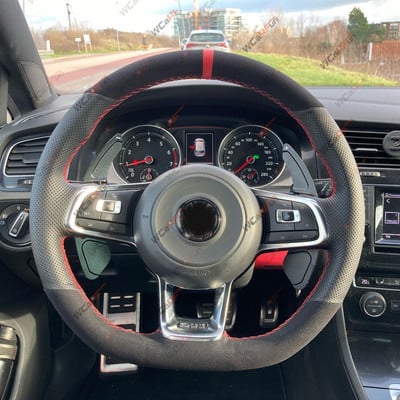 WCaRFun Personalizează husa volan auto din piele intoarsa neagra pentru Volkswagen VW Golf R MK7 Golf 7 GTI VW Polo GTI Scirocco 2015 2016