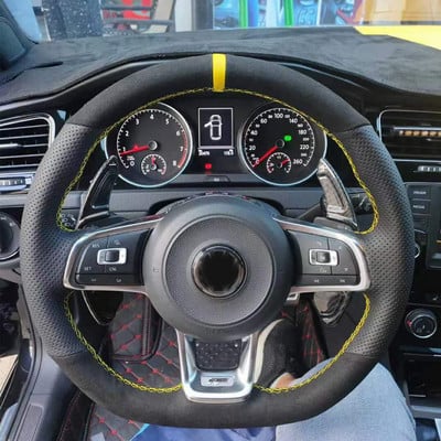 WCaRFun Personalizează husa volan auto din piele intoarsa neagra pentru Volkswagen VW Golf R MK7 Golf 7 GTI VW Polo GTI Scirocco 2015 2016
