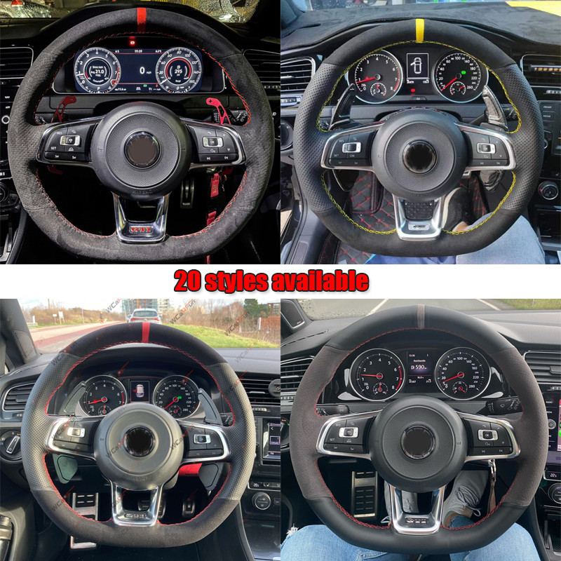 WCaRFun Personalizează husa volan auto din piele intoarsa neagra pentru Volkswagen VW Golf R MK7 Golf 7 GTI VW Polo GTI Scirocco 2015 2016