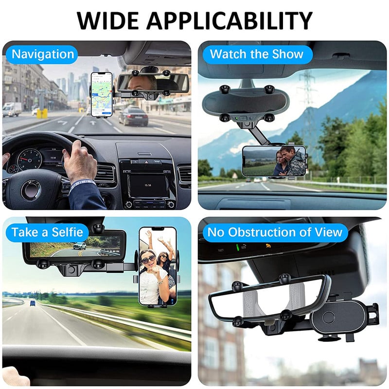 Auto tahavaatepeegli mobiiltelefoni hoidik 360° pööratav mobiiltelefoni kinnitus Universaalne sissetõmmatav tahavaate GPS-i tugiklamber autodele