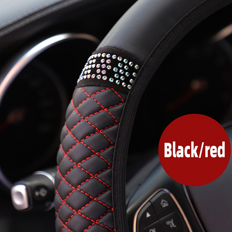 Four Seasons Univerzalna navlaka za volan automobila 37-38 cm, elastična kožna navlaka za volan u boji s dijamantima ukrašenom vezom