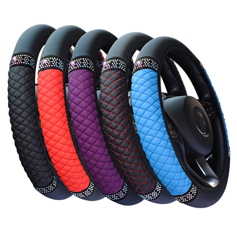 Four Seasons Univerzalna navlaka za volan automobila 37-38 cm, elastična kožna navlaka za volan u boji s dijamantima ukrašenom vezom