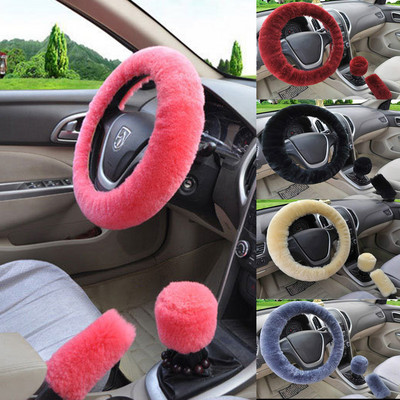 Soft Plush Spring Steering Wheel Cover Kit with Stop Lever Hand Brake Wool Cover Winter Warm Car Accessories