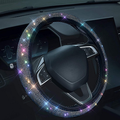 Capacul volanului mașinii cu diamant de cristal strălucitor Protector al volanului autovehiculului SUV Decorare auto din fibră de carbon