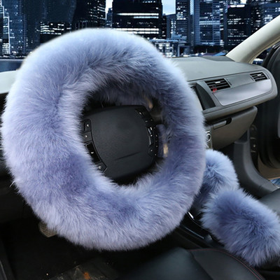 Set de huse pentru volan din blană de 3 bucăți  auto, pluș, cald, pufos, pufos, accesorii auto pentru femei, fete