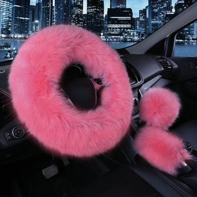 Set de huse pentru volan din blană de 3 bucăți  auto, pluș, cald, pufos, pufos, accesorii auto pentru femei, fete