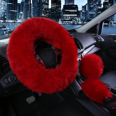 Set de huse pentru volan din blană de 3 bucăți  auto, pluș, cald, pufos, pufos, accesorii auto pentru femei, fete
