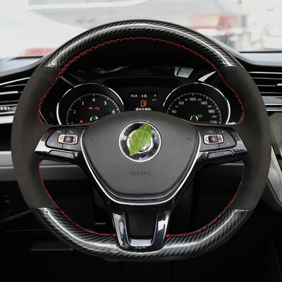 Ar rokām sašūts mīksts melns oglekļa šķiedras melns zamšādas automašīnas stūres pārsegs Volkswagen Golf 7 Mk7 Passat B8