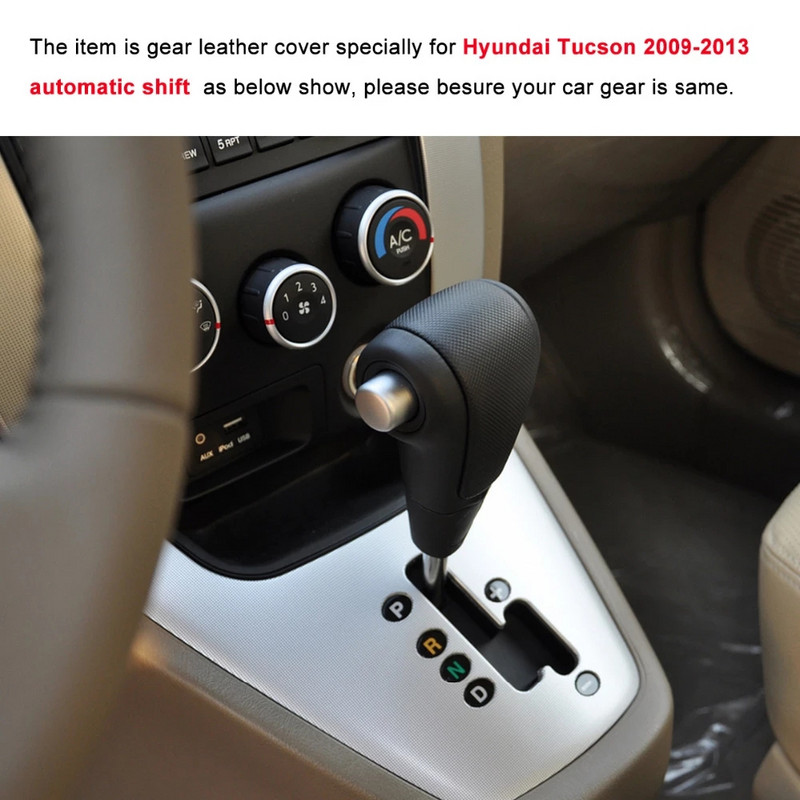 Fekete valódi bőr kézi varrás autós hajtómű fej váltó nyakörvek burkolata Hyundai Tucson 2006-2013 automatikus sebességváltó gomb tokjához