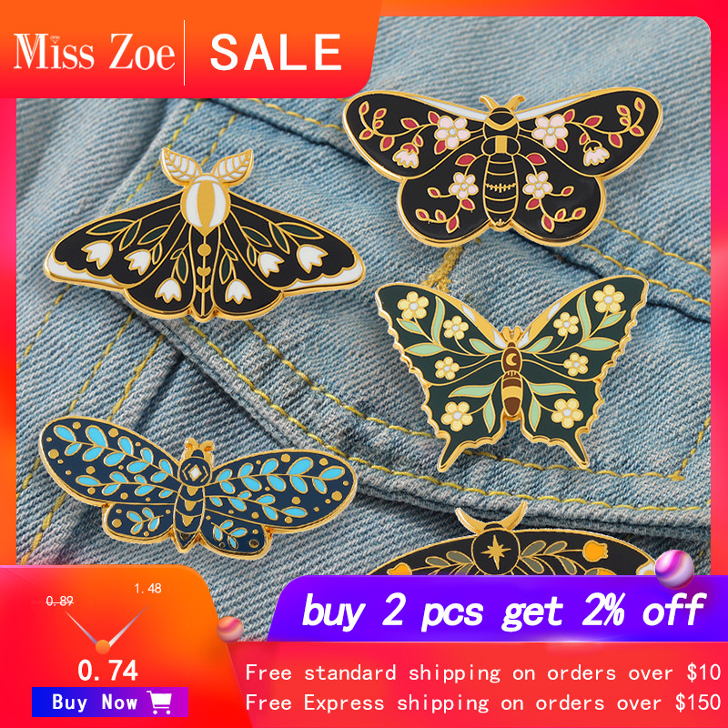 Σκληρό σμάλτο καρφίτσες πεταλούδων Moth Προσαρμοσμένες καρφίτσες αμπέλου κρίνο της κοιλάδας Σήμα πέτο μαύρο φυτό έντομο Κοσμήματα Δώρο για φίλους