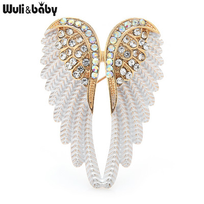 Wuli&baby Classic Rhinestone Angel Wings Брошка Игли 3 цвята 2021 Искрящи бижута Подарък Дизайнерски брошки с пера