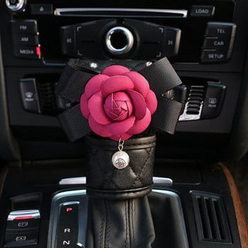 Ροζ τριαντάφυλλο λουλούδι Δερμάτινο κάλυμμα τιμονιού Υποστήριξη αυτόματου προσκέφαλου Κάλυμμα αλλαγής ταχυτήτων χειρόφρενο Κρυστάλλινα αξεσουάρ εσωτερικού αυτοκινήτου