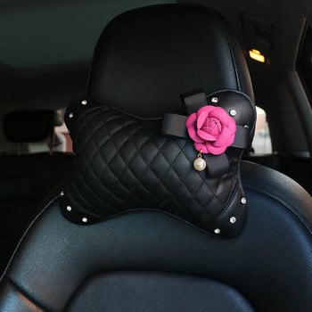 Ροζ τριαντάφυλλο λουλούδι Δερμάτινο κάλυμμα τιμονιού Υποστήριξη αυτόματου προσκέφαλου Κάλυμμα αλλαγής ταχυτήτων χειρόφρενο Κρυστάλλινα αξεσουάρ εσωτερικού αυτοκινήτου