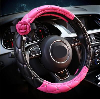 Husa pentru volan din piele cu flori de trandafir roz Suport auto pentru tetiera Frana de mana Husa schimbator de viteze Cristal Accesorii pentru interiorul masinii