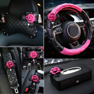 Rózsaszín rózsavirág bőr kormányburkolat automatikus fejtámla támaszték kézifék sebességváltó burkolat Crystal autóbelső kiegészítők