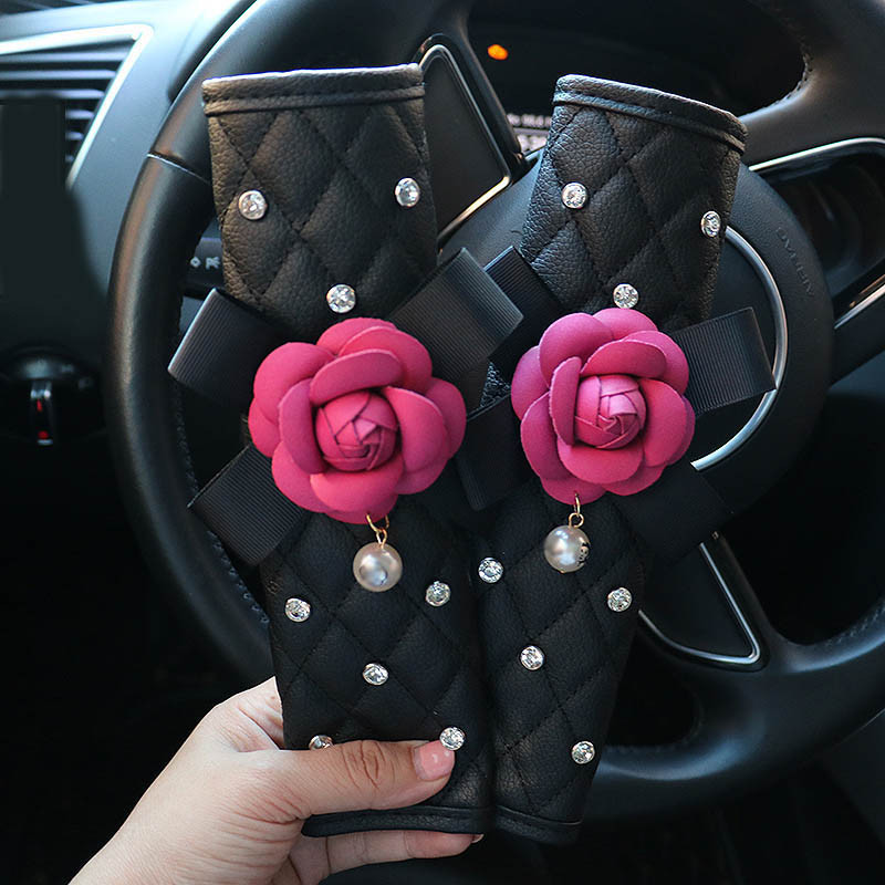 Husa pentru volan din piele cu flori de trandafir roz Suport auto pentru tetiera Frana de mana Husa schimbator de viteze Cristal Accesorii pentru interiorul masinii