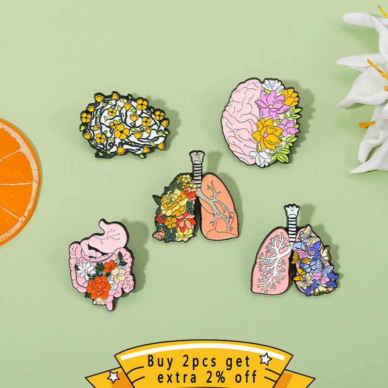 Organe flori email pin corp intern inimă creier plămân plantă fluture broșă rever femei insignă putere bijuterii medicale cadou punk