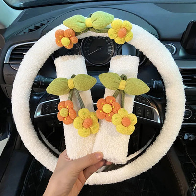 3 bucăți drăguț capac pentru volan de mașină husă scurtă de pluș pentru volan husă universală anti-alunecare, care absoarbe transpirația