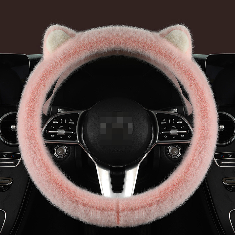 Rožinis pūkuotas vairo dangtelis moterims, mielos katės ausys, pliušinis rankenos dangtelis animacinių filmų vairo dėklas 38cm/15" universalus