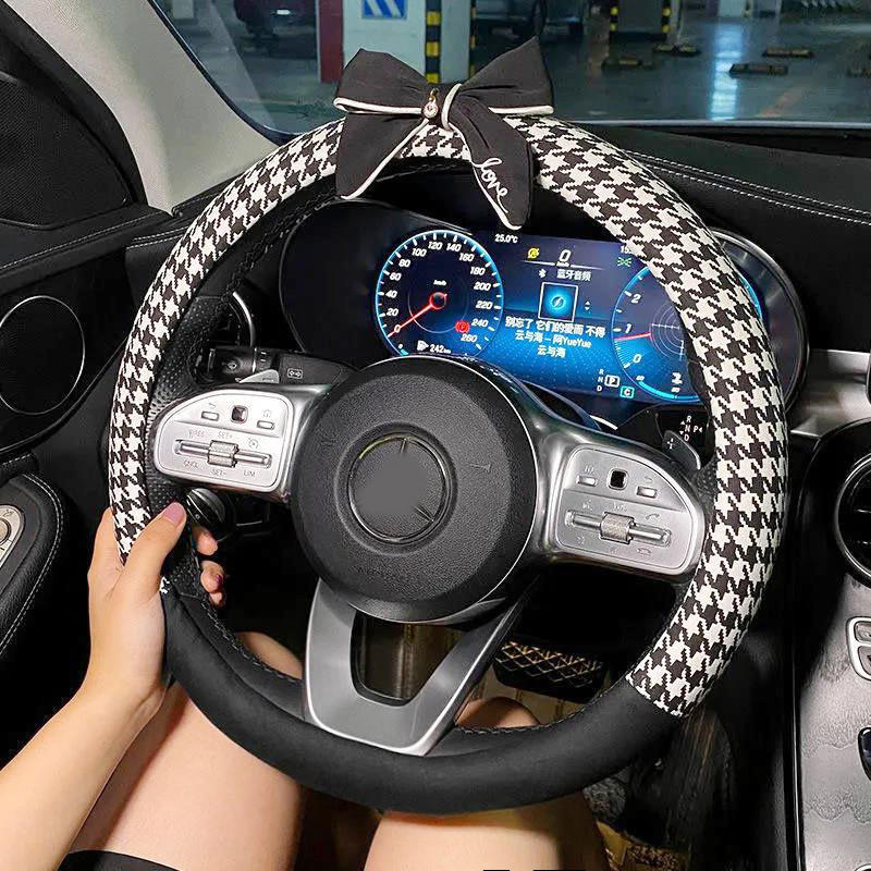 Clasic Plaid Bowknot Husă universală pentru volan de mașină Decro Auto Pad centură de siguranță pentru femei Bow Series Accesorii pentru interiorul mașinii