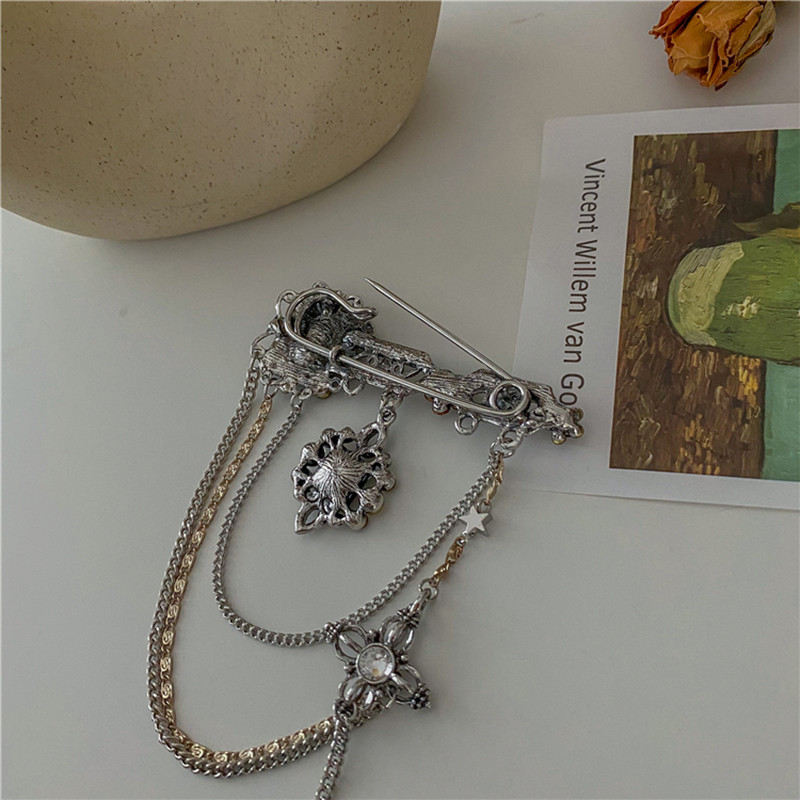 Broșă cu pandantiv cu ciucuri întunecate pentru bărbați și femei, broșe vintage cu strasuri, baroce, punk, stați, gotice, Harajuku, bijuterii de stradă