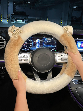 Υψηλής ποιότητας χειμωνιάτικο βελούδινο γυναικείο Universal στρογγυλό καρτούν χαριτωμένο κάλυμμα λαβής τιμονιού αυτοκινήτου