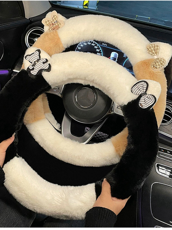 High-end iarnă de pluș femei universal rotund desene animate ureche drăguț mașină husa volan capac mâner
