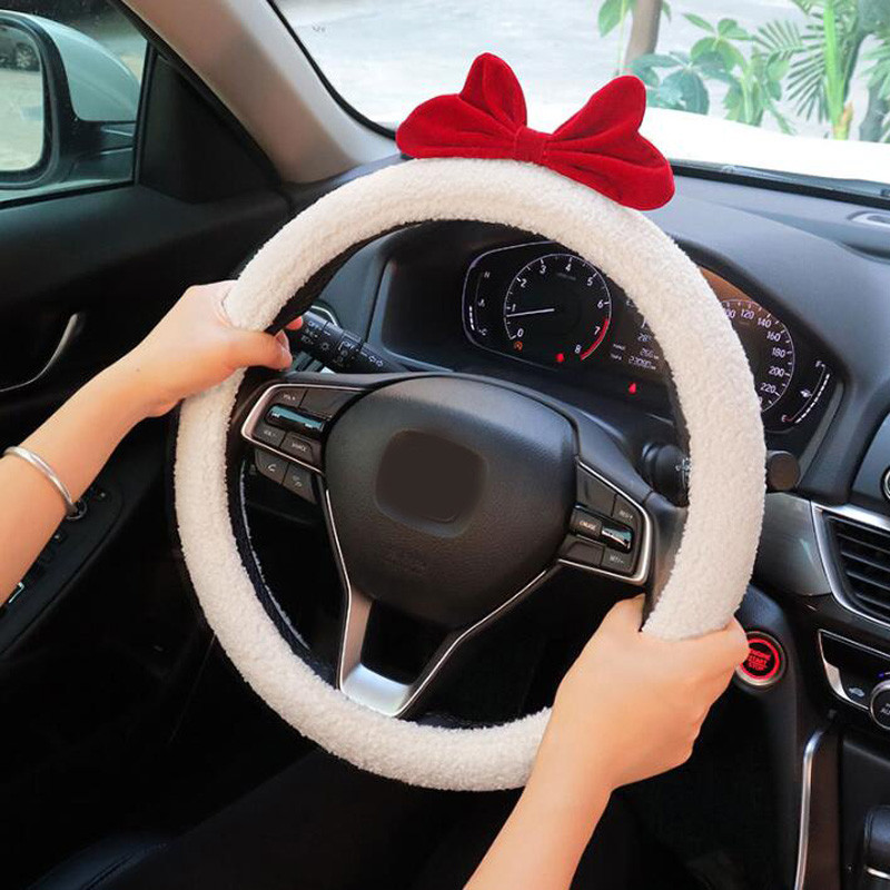 Catifea, retro, fundă roșie, husă universală pentru volan de mașină, pufos de iarnă, imitație de lână de miel, roată de vehicul, 15 inci