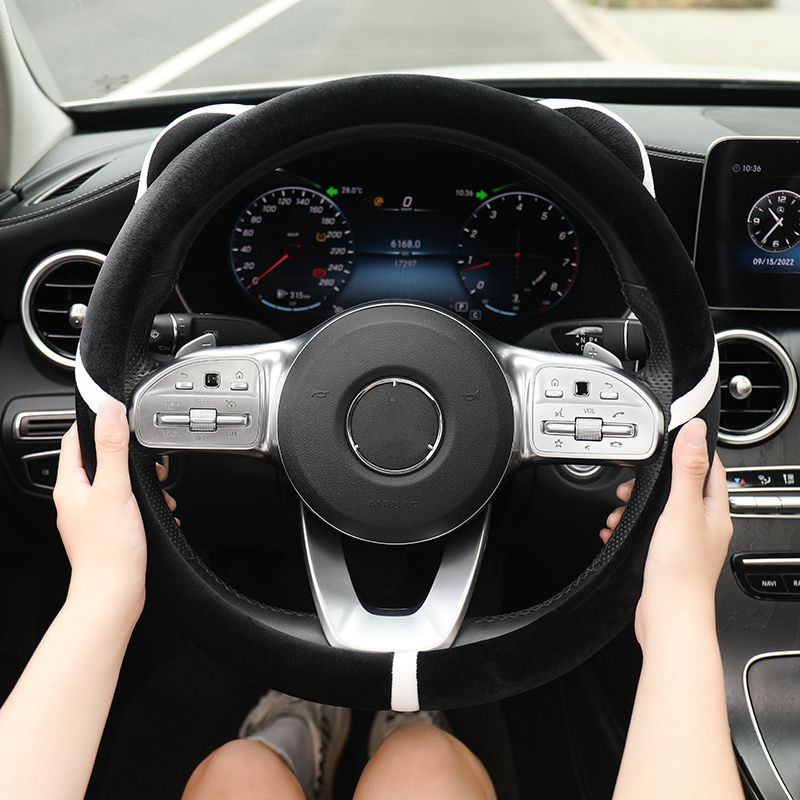 Desen animat nou, drăguț de iarnă, pluș, cald, anti-alunecare, ureche de urs, creativ, husă pentru volan de mașină.