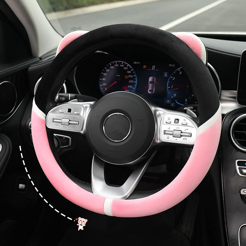 Desen animat nou, drăguț de iarnă, pluș, cald, anti-alunecare, ureche de urs, creativ, husă pentru volan de mașină.