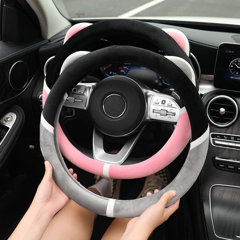 Desen animat nou, drăguț de iarnă, pluș, cald, anti-alunecare, ureche de urs, creativ, husă pentru volan de mașină.