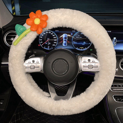 Nou creativ de pluș de iarnă cu flori de desene animate moale, confortabil, husă pentru volan, capac pentru ghidon, decorațiuni interioare pentru mașină