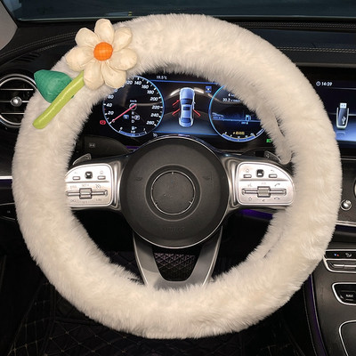 Nou creativ de pluș de iarnă cu flori de desene animate moale, confortabil, husă pentru volan, capac pentru ghidon, decorațiuni interioare pentru mașină