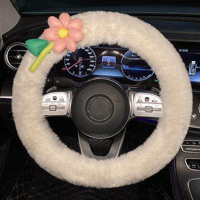 Nou creativ de pluș de iarnă cu flori de desene animate moale, confortabil, husă pentru volan, capac pentru ghidon, decorațiuni interioare pentru mașină