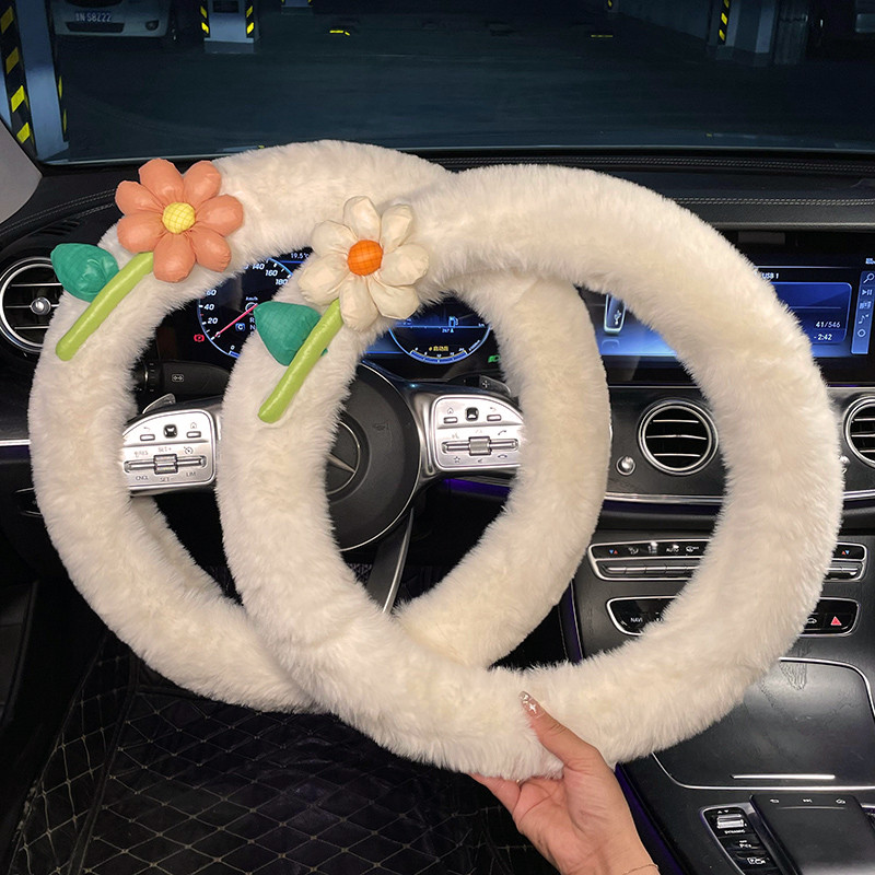 Nou creativ de pluș de iarnă cu flori de desene animate moale, confortabil, husă pentru volan, capac pentru ghidon, decorațiuni interioare pentru mașină