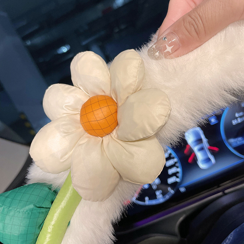 Nou creativ de pluș de iarnă cu flori de desene animate moale, confortabil, husă pentru volan, capac pentru ghidon, decorațiuni interioare pentru mașină