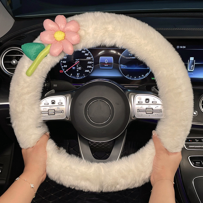 Nou creativ de pluș de iarnă cu flori de desene animate moale, confortabil, husă pentru volan, capac pentru ghidon, decorațiuni interioare pentru mașină
