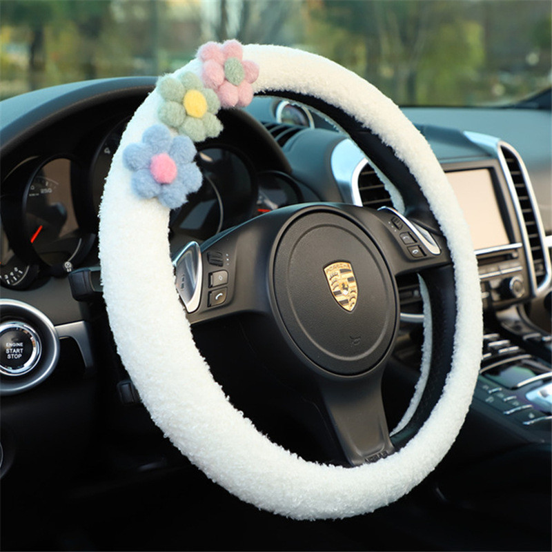 Drăguț de desene animate din pluș, flori de culoare, husă universală pentru volan de mașină, husă pentru centură de siguranță, imitație de lână de miel, accesorii auto pentru femei