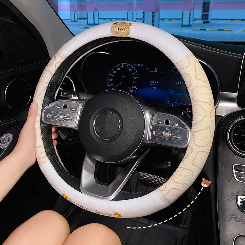 Noul patru anotimpuri universal scurt de pluș urs de desene animate drăguț creativ anti-alunecare capac pentru ghidon care absoarbe transpirația volan auto C