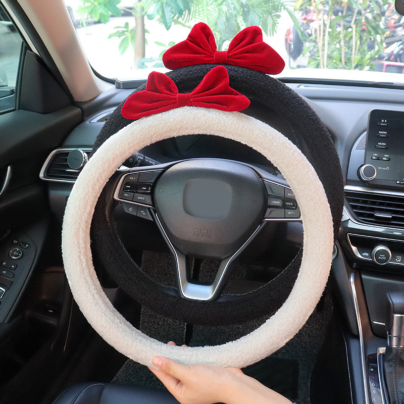 Catifea, retro, fundă roșie, husă universală pentru volan de mașină, pufos de iarnă, imitație de lână de miel, roată de vehicul, 15 inci