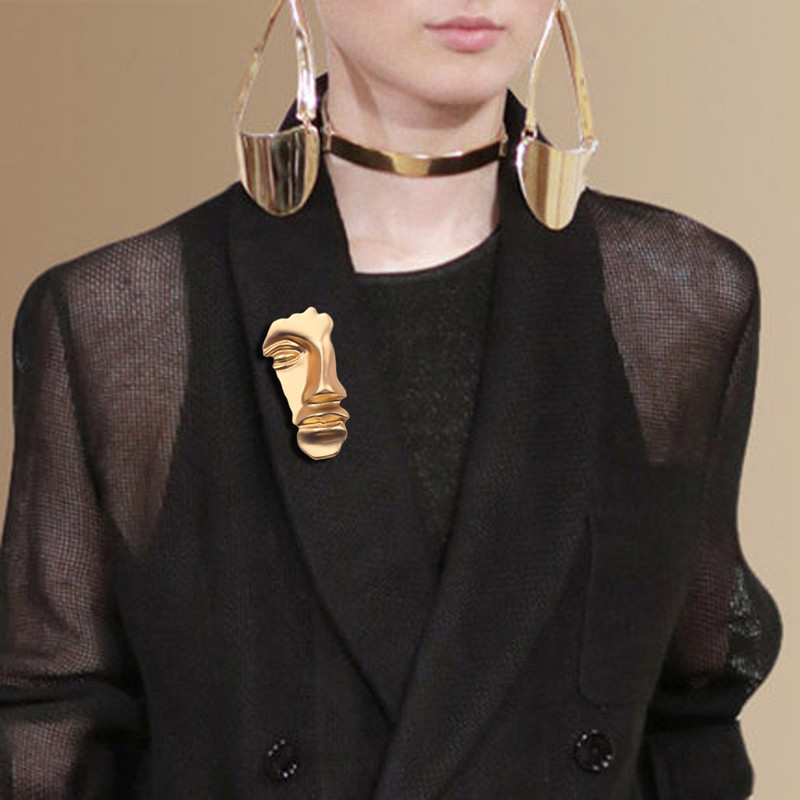 2021 Broșe exagerate pentru femei de culoare aurie, metal, accesorii occidentale, ace pentru hijab, broșe cu jumătate de față umană, ace de personalitate