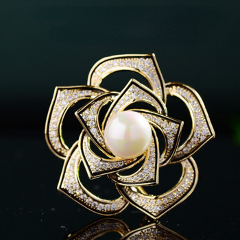 Καρφίτσες μόδας Crystal Pearl Camellia για γυναίκες Πολυτελής επωνυμία κίτρινο χρυσό Χρώμα κράμα ζιργκόν φυτικές καρφίτσες ασφαλείας Θηλυκά