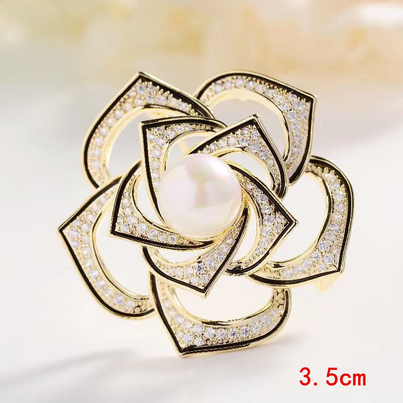 Modni kristalno biserni broševi s kamelijom za žene Luksuzni brend žutog zlata u boji cirkonske legure, broš, sigurnosne igle, ženske