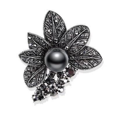 Women Fashion Vintage Rhinestone Black Flower Brooches Antique Brooch Pin Elegant Exquisite Broches New Year Gift