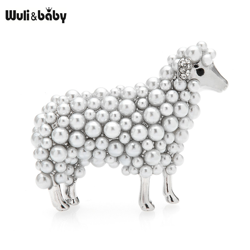 Wuli&baby Broșe de oaie cu perle în 2 culori pentru femei, unisex, petrecere cu animale minunate, broșă casual, ace, cadouri