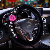 Husa volan din pluș cu flori Cristal diamant colorat Huse pentru volan din blană pentru auto Accesorii interior auto Femei Fete