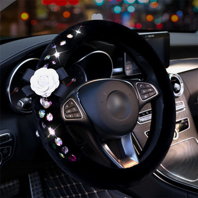 Husa volan din pluș cu flori Cristal diamant colorat Huse pentru volan din blană pentru auto Accesorii interior auto Femei Fete