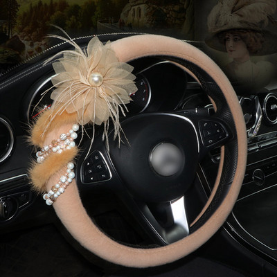 Huse de volan de mașină cu flori de lux din dantelă, acoperite cu pluș, pene de iarnă, volan, accesorii pentru interiorul mașinii, fete femei