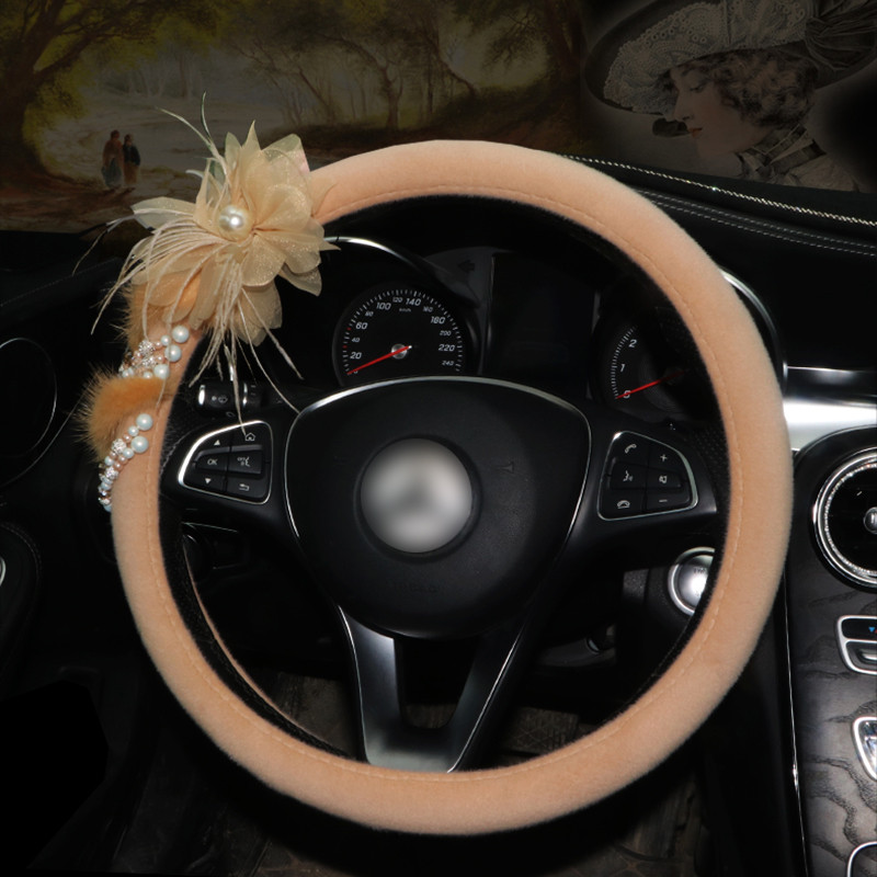 Huse de volan de mașină cu flori de lux din dantelă, acoperite cu pluș, pene de iarnă, volan, accesorii pentru interiorul mașinii, fete femei