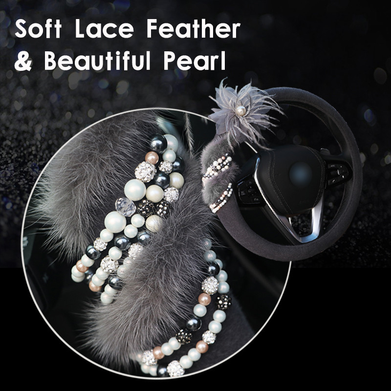 Huse de volan de mașină cu flori de lux din dantelă, acoperite cu pluș, pene de iarnă, volan, accesorii pentru interiorul mașinii, fete femei